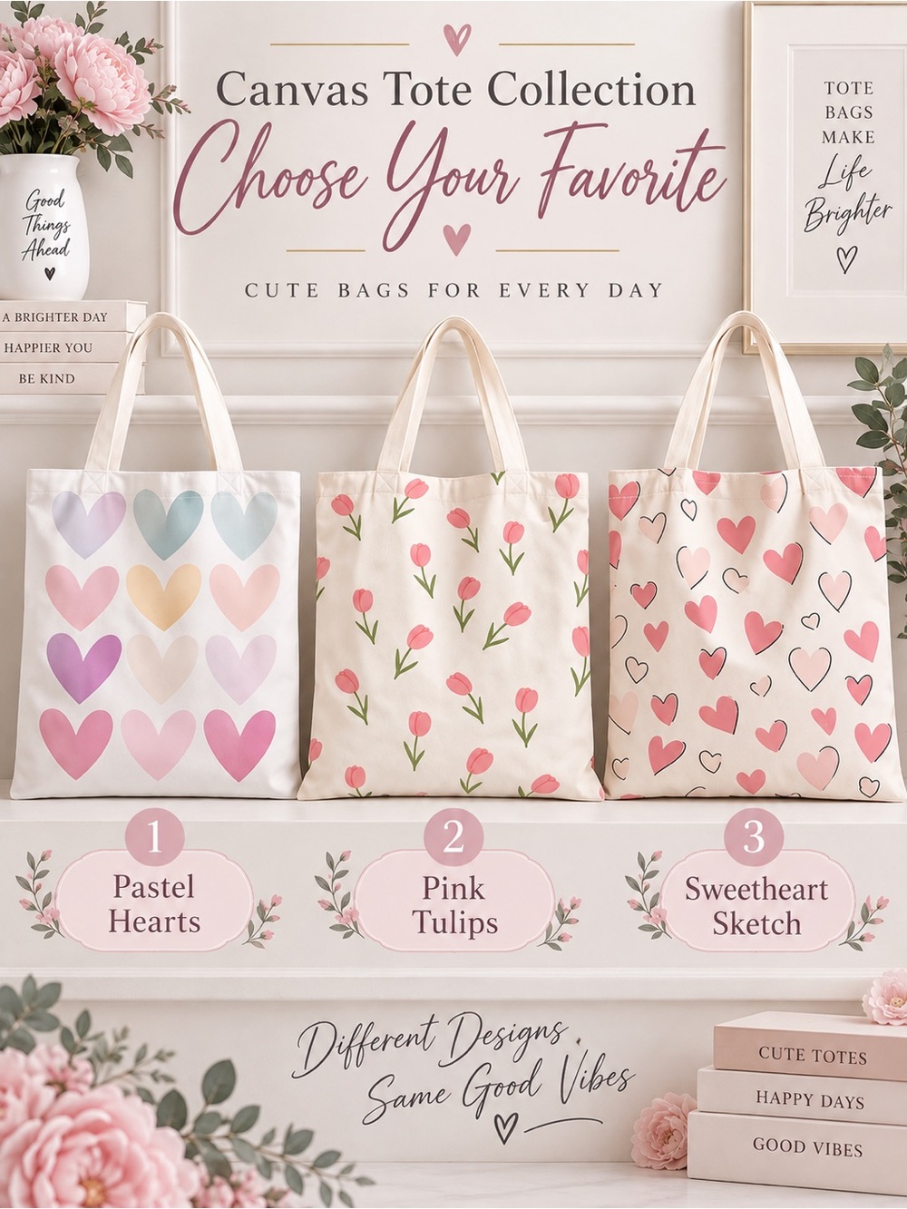 Canvas Tote Bag Cute Reusable Shopping Bag Floral Heart Cat Daisy- Choose 1 - Picture 2 of 6